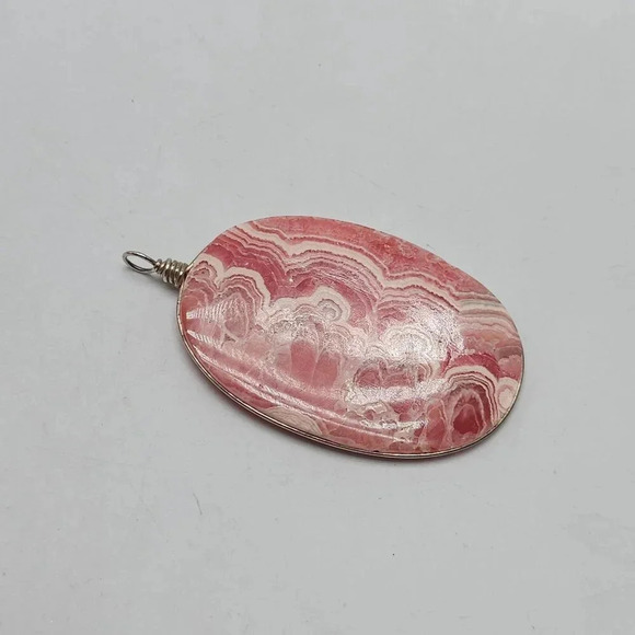 Pink Rhodochrosite Oval Pendant Sterling Silver Vintage 2.5 in - Picture 2 of 6